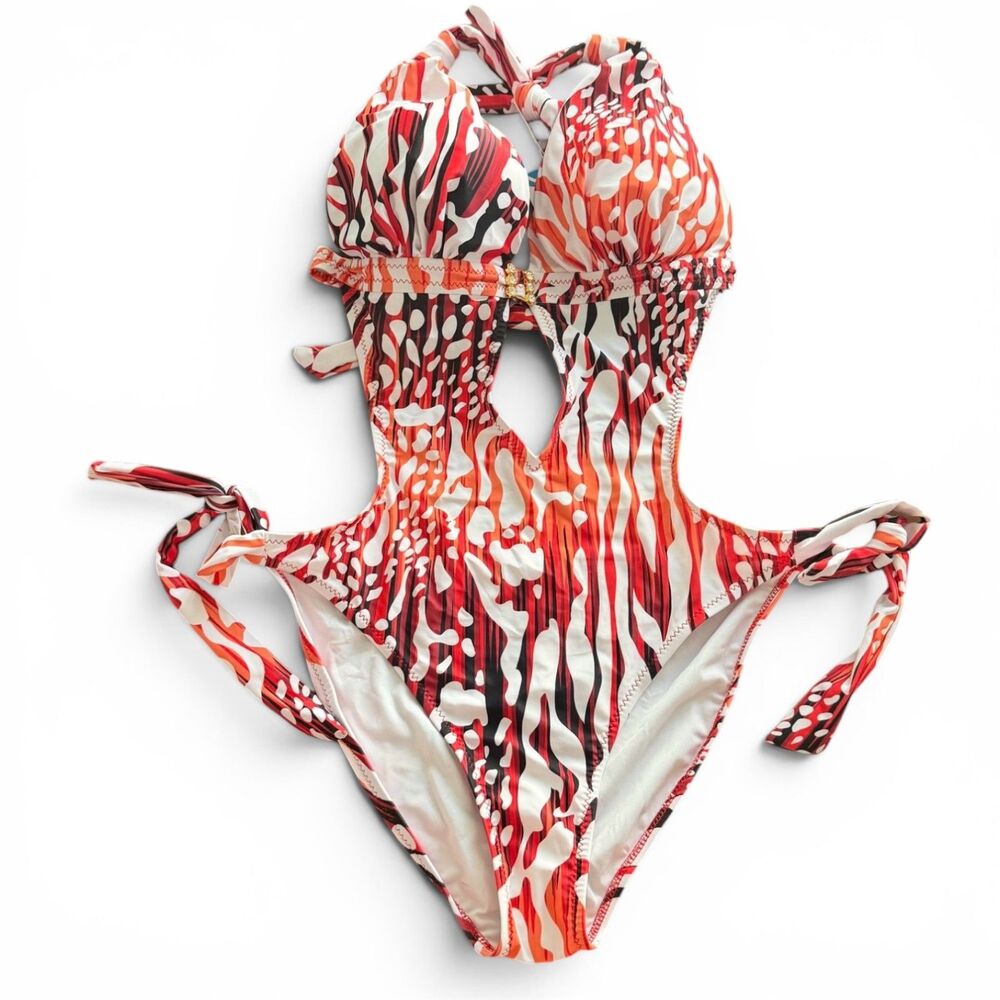 NWT LIORA 1-Pc Cutout Tie Back S Side Monokini Halter Plunge Slimming Swimwear